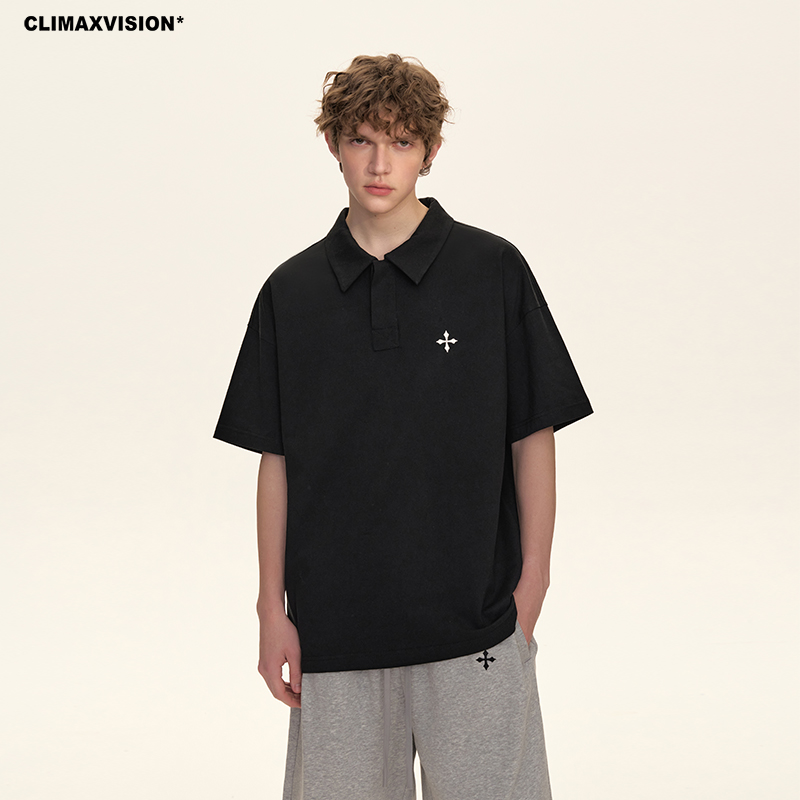CLIMAX VISION280克十字架刺绣POLO衫T恤男美式高街复古短袖潮牌
