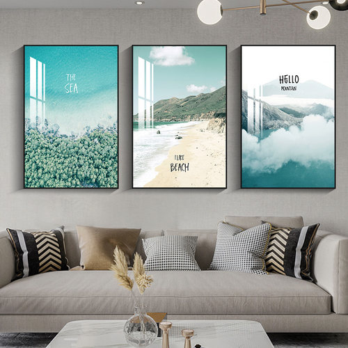 现代客厅装饰画沙发背景墙挂画现代简约大气海景三联画卧室墙壁画