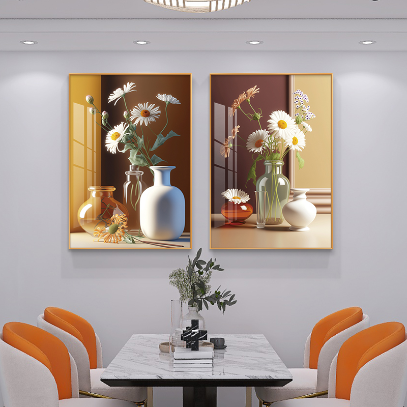 现代简约餐厅装饰画轻奢酒杯花卉饭厅挂画客厅餐桌背景墙两联壁画
