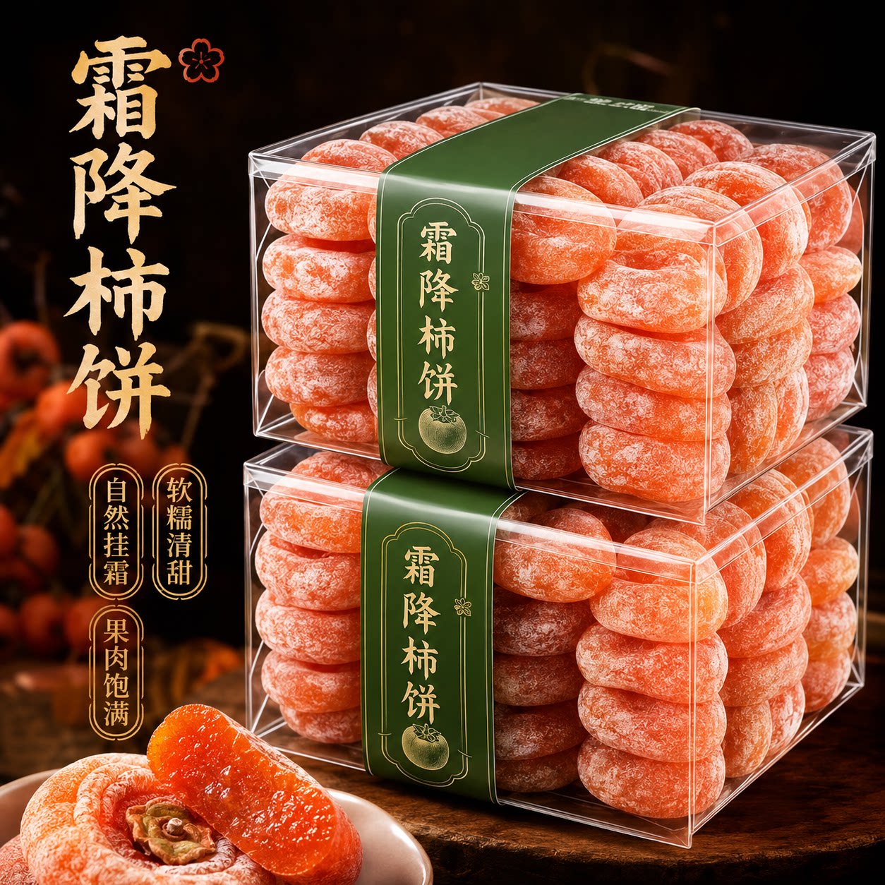 霜降柿饼自然挂霜软糯清甜果肉饱满盒装柿子干零食独立包装