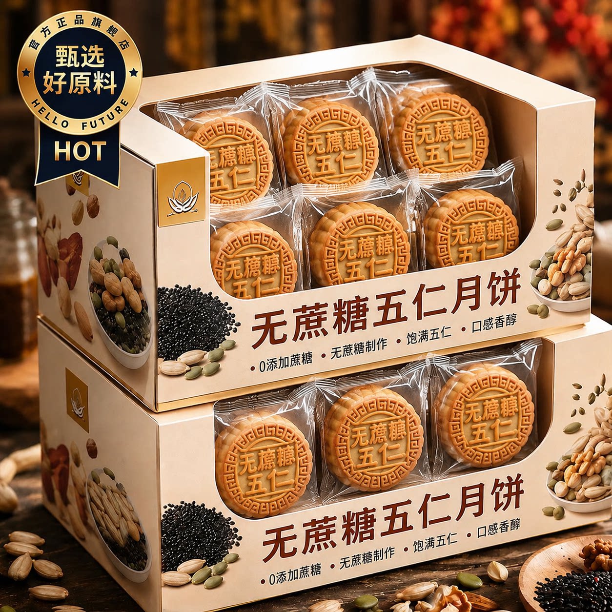 无糖老式五仁月饼中秋广式无糖月饼糕点糖尿人专用食品官方旗舰店