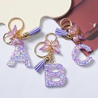 A-Z Sequins Initial Letter Keychain Purple Butterfly Tassel