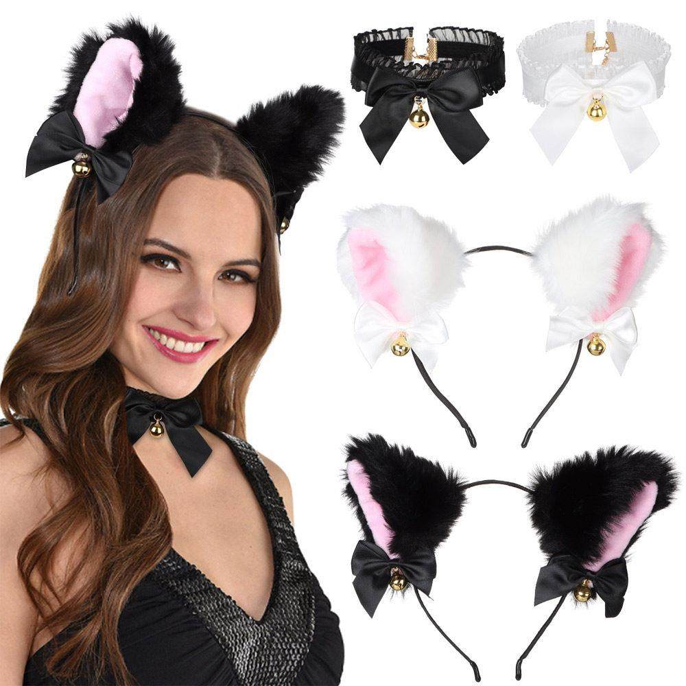 1set Cat Ears Bow Headband Necklace Cosplay Rabbit Ear Plush