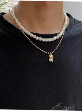 Fashion Imitation Pearls Chokers Necklace For Men Punk Bear