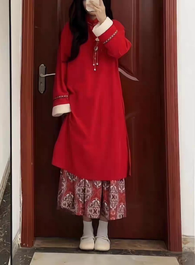 中国风改良红色旗袍半裙套装2025新款冬敬酒服新中式连衣裙女加绒