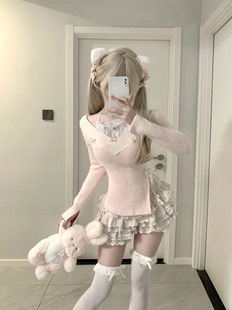 粉色蛋糕短裙两件套装 2025春新款 微甜绒绒显身材蕾丝开叉上衣修身