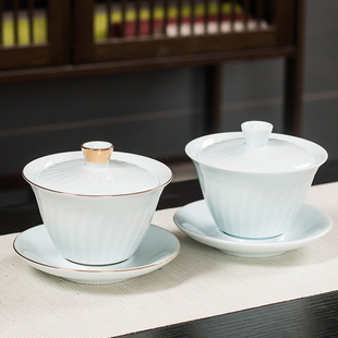 陶瓷三才盖碗描金功夫茶碗泡茶碗茶杯防烫单个高档家用悬停三件套