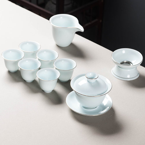 影青玉瓷三才盖碗茶杯茶具套装