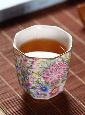 珐琅彩主人杯陶瓷功夫茶杯扒花品茗杯万花八角杯粉彩单杯专用高档