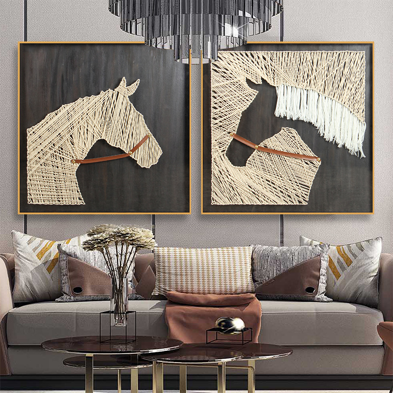 手工钉子绕线画新中式实物画美式客厅装饰画马头装置画小众个性墙图片