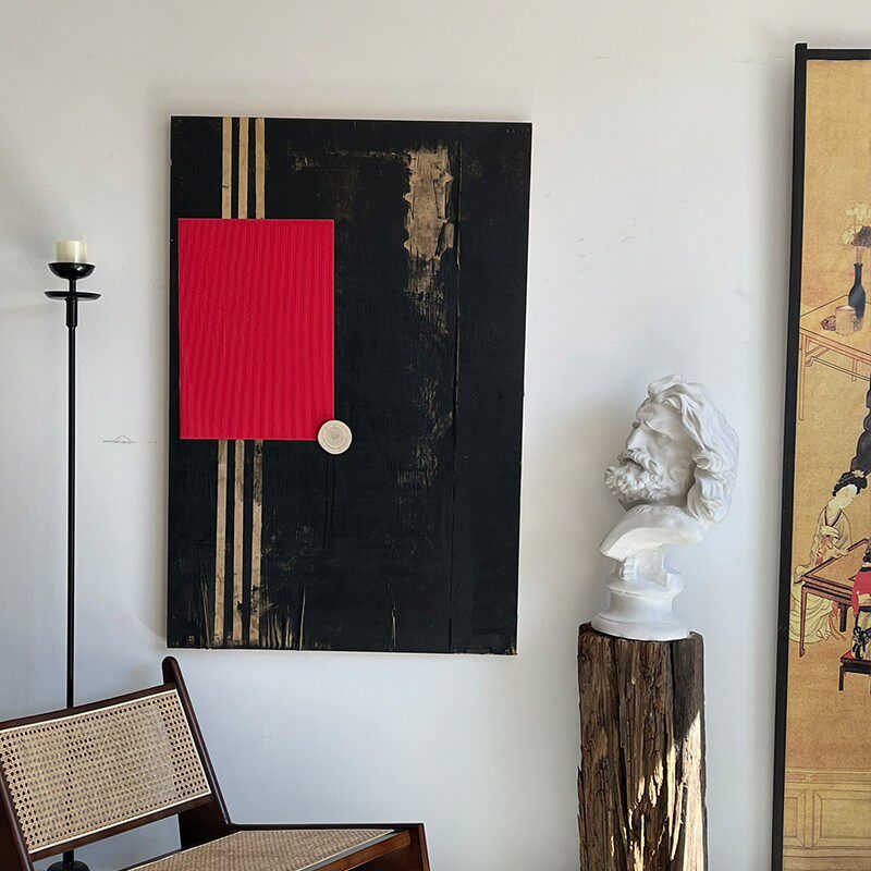 客厅沙发后面背景墙挂画中古2023新款餐厅侘寂风装饰画茶室黑木雕