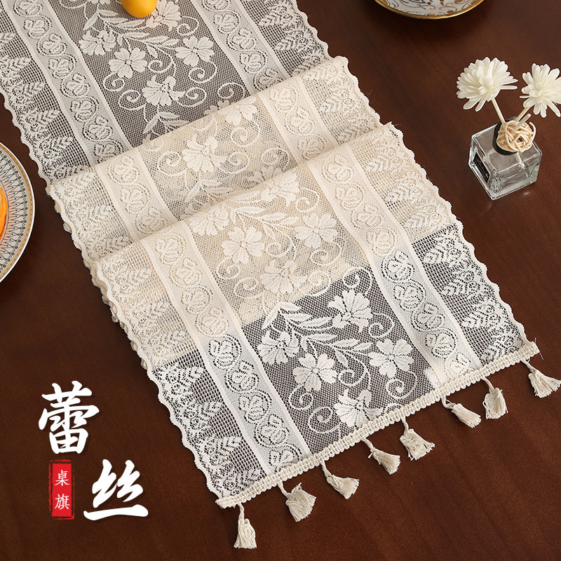 镂空美式田园蕾丝装饰电视柜茶几桌旗现代简约流苏牵牛花跨境贴标