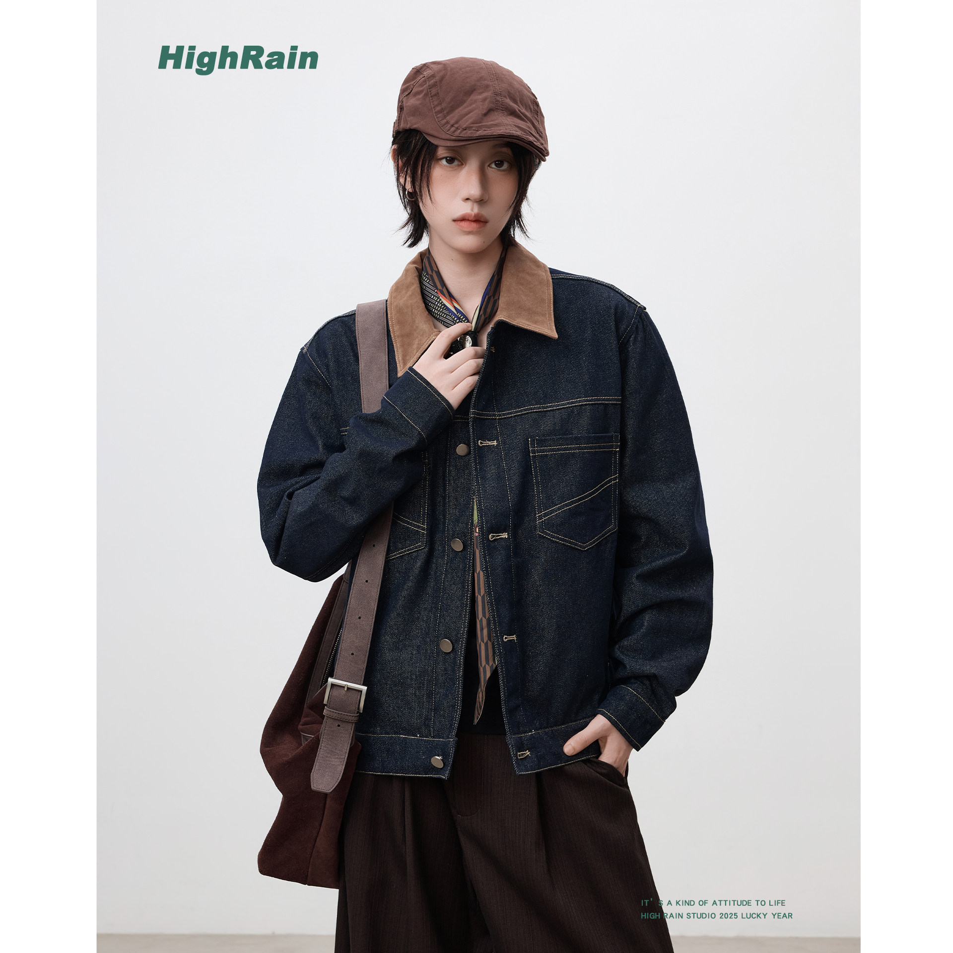 highrain美式复古翻领牛仔外套男女撞色明线cleanfit工装夹克上衣