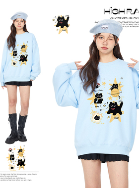 high rain 2025秋季新款猫咪印花圆领卫衣女韩系蓝色无帽上衣潮
