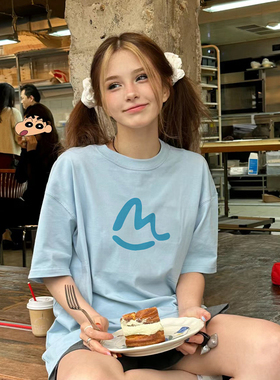 潮牌美式纯棉蓝色表情印花短袖t恤女夏季高街宽松半袖情侣上衣男