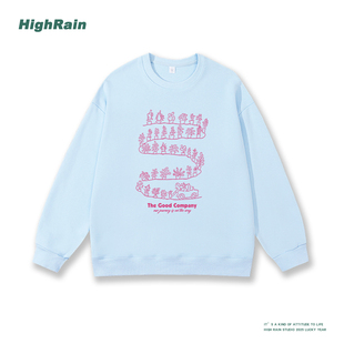 RAIN清新慵懒感手绘印花圆领卫衣女早秋甜美爆款 HIGH 套头上衣潮