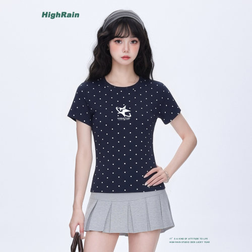 HighRain藏青色波点T恤女夏季潮