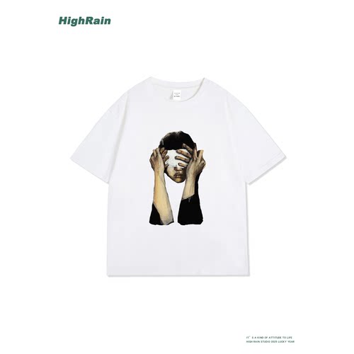 HIGHRAIN纯棉蒙眼人像T恤上衣潮