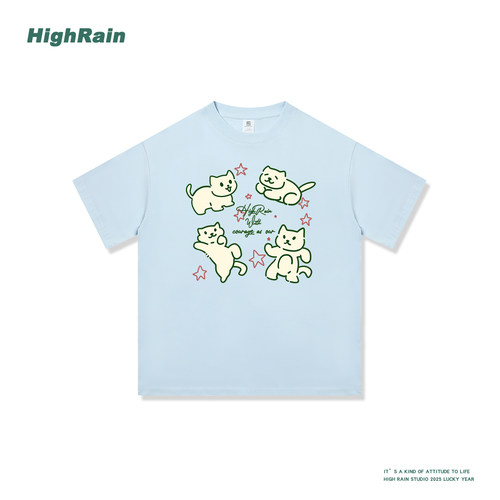 美式复古卡通猫咪印花纯棉短袖