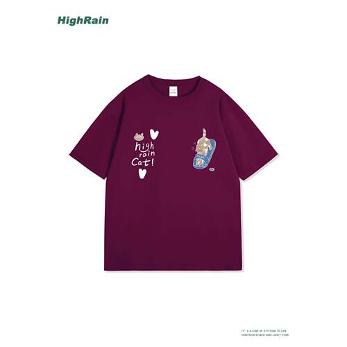 酒红猫咪印花宽松短袖纯棉T恤潮