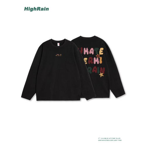HighRain黑色长袖T恤宽松圆领卫