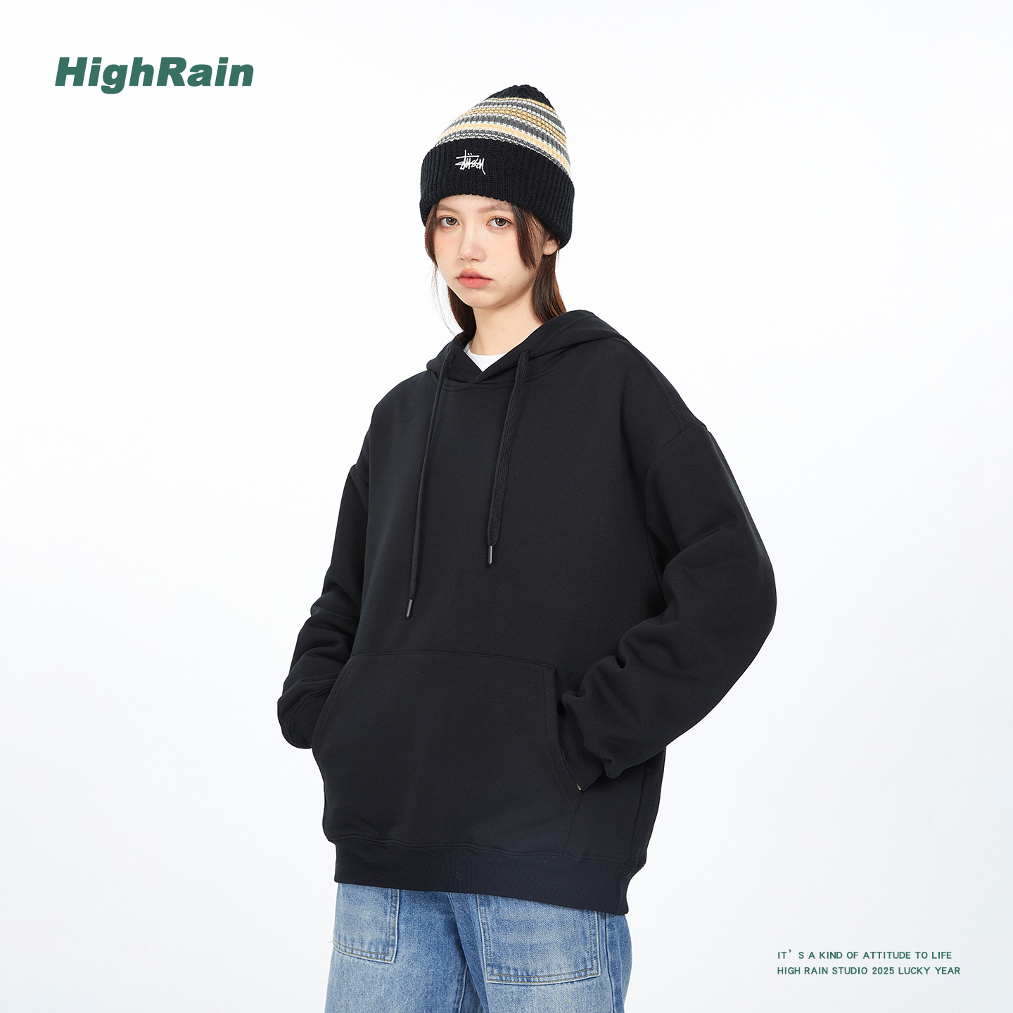 HIGH RAIN美式重磅420g加绒连帽卫衣黑色纯色男女同款套头帽衫潮