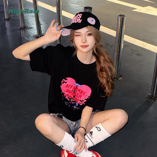黑色爱心印花短袖t恤男女夏季