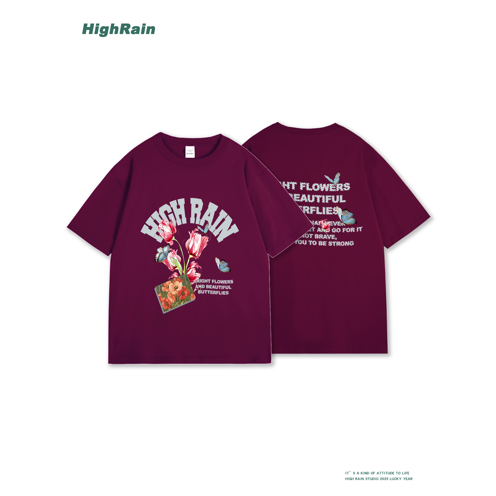 HighRain美式复古蝴蝶花卉印花T恤深紫色宽松潮流短袖街头风男女