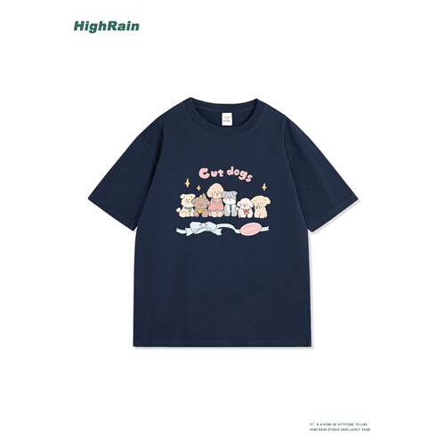 HighRain深蓝短袖T恤可爱卡通潮