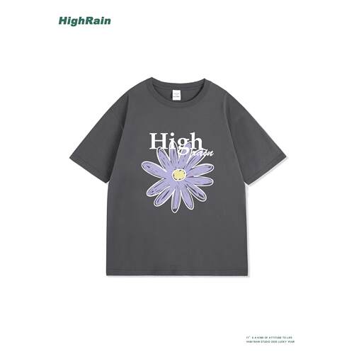 HighRain夏季新款灰色花朵T恤女