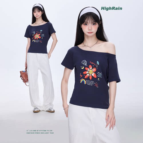 很润工作室藏青色卡通笑脸花朵短
