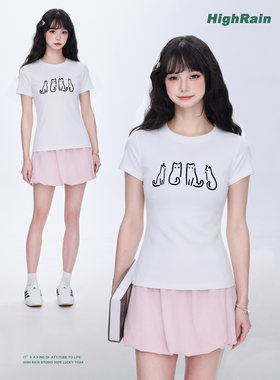 可爱猫咪印花白色T恤女夏季