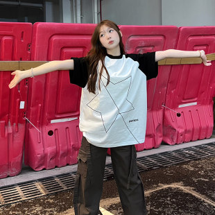 280g重磅短袖 清仓特惠 星星印花T恤休闲撞色情侣款 潮牌插肩袖 美式