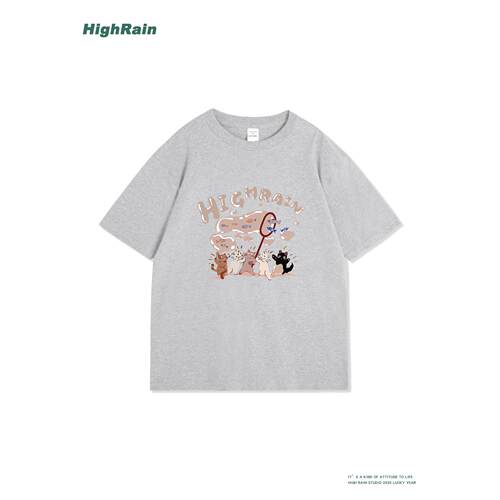 HighRain夏季灰色短袖T恤可爱猫