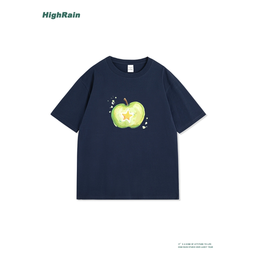 藏青底苹果印花落肩纯棉T恤潮