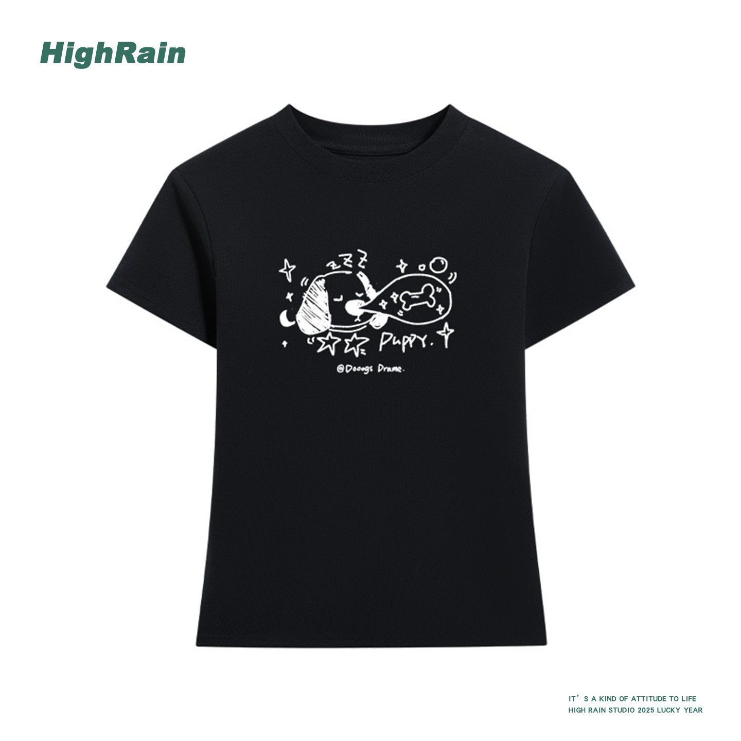 HIGH RAIN好看复古卡通印花纯棉短袖T恤女正肩修身显瘦掐腰上衣潮