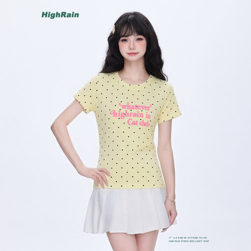 HighRain2026新款夏黄色波点短袖
