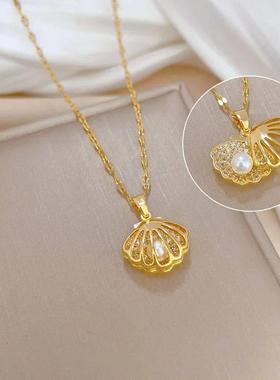 Luxury Zircon Shell Pearl Necklace for Women Stainless Steel