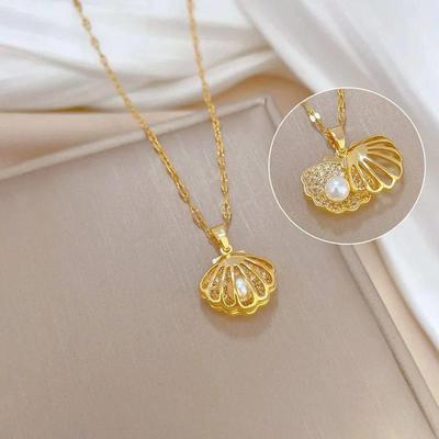 Luxury Zircon Shell Pearl Necklace for Women Stainless Steel