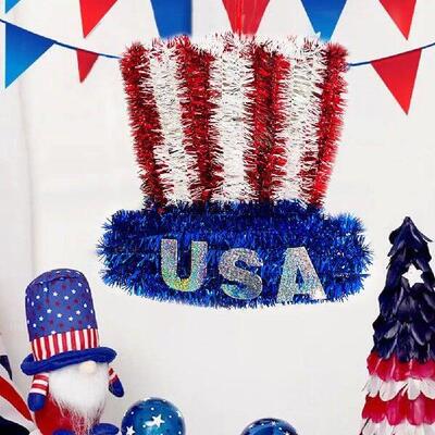 American Theme Wreath Patriotic Tinsel Wreath with Usa Hat