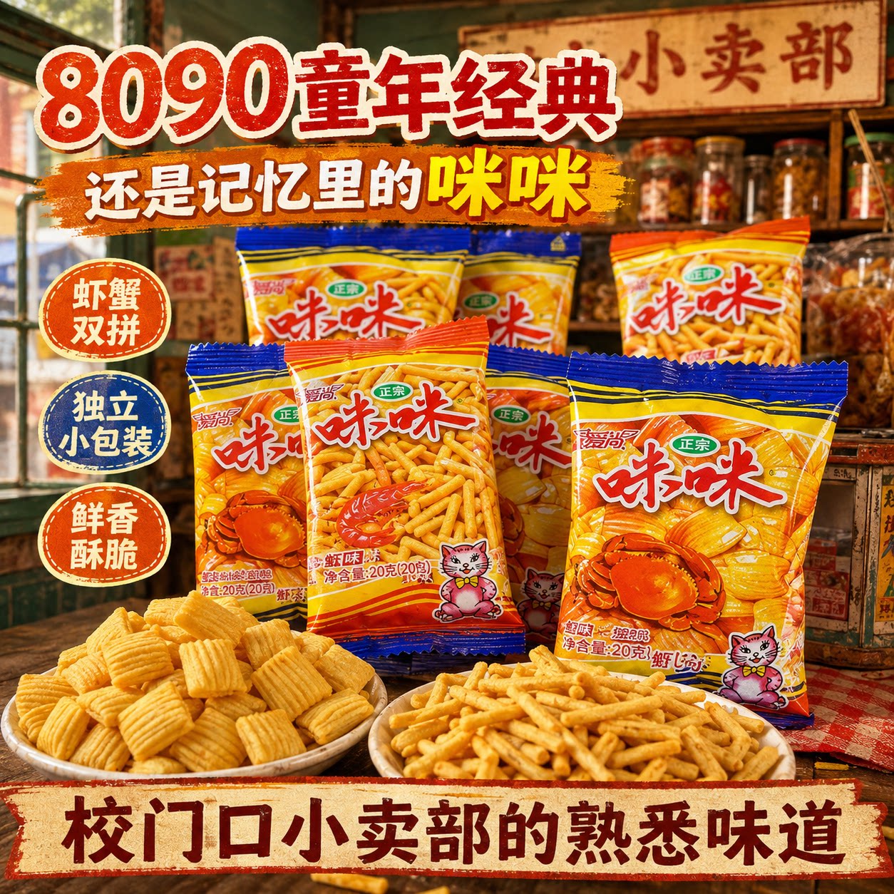 爱尚咪咪虾条蟹味粒80包儿童解馋办公室小零食大礼包休闲食品小吃