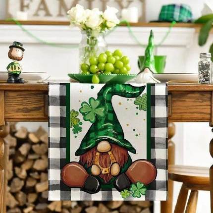 Buffalo Plaid Shamrock Gnome Table Runner, Spring Holiday
