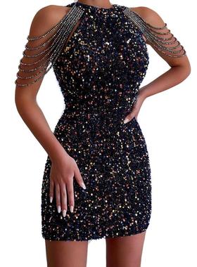 Sexy neck hanging, shoulder bag buttocks sequin dress