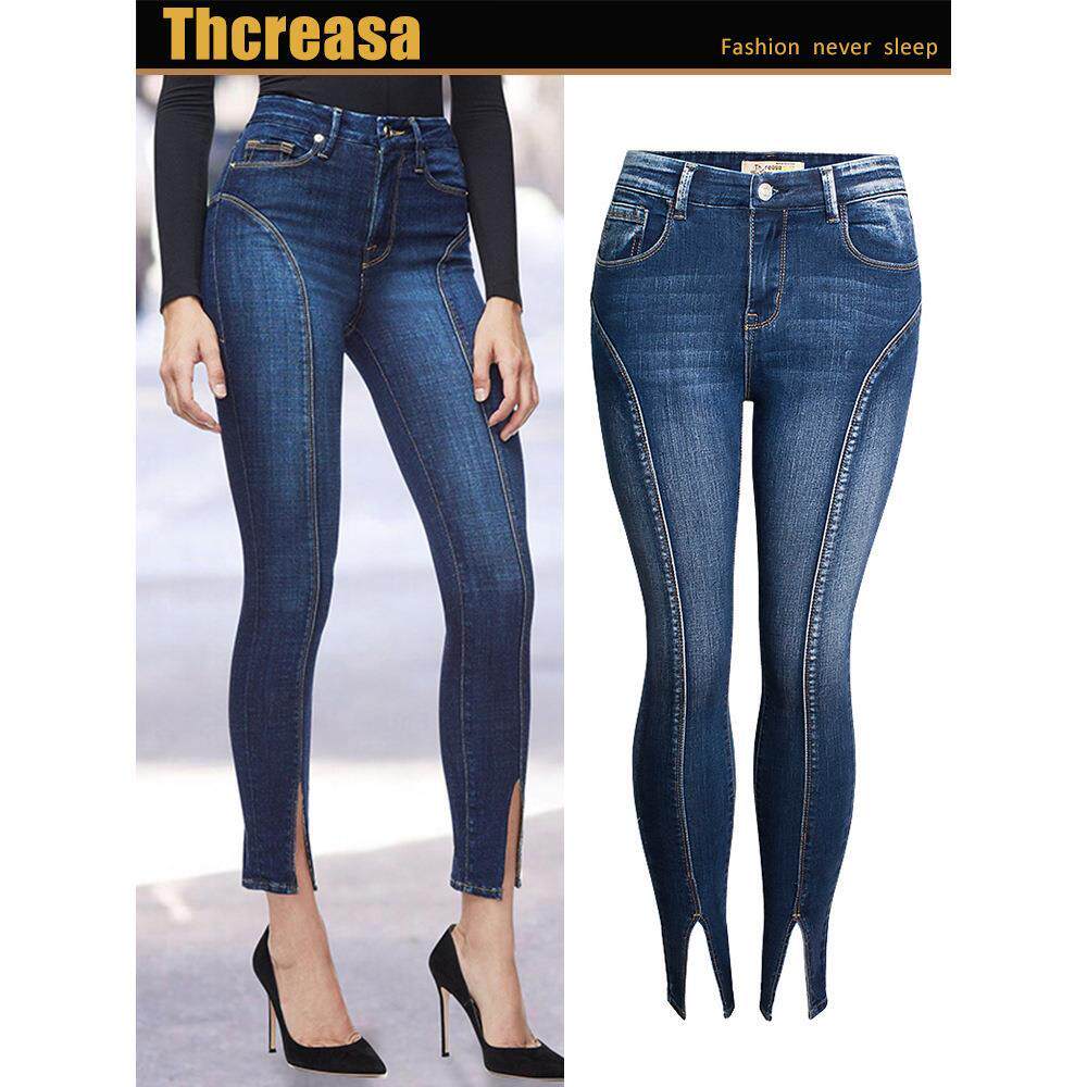 Jeans with elastic split waistband and damp washed hem, crop