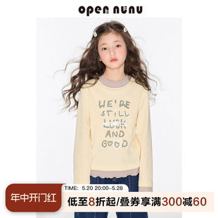 短款 opennunu女童手绘字母印花假两件T恤撞色卷边设计感修身 上衣