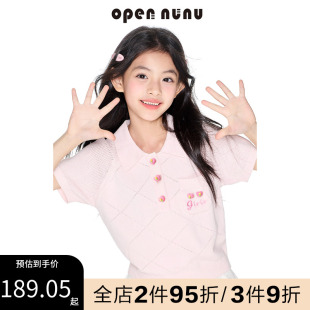 夏季 凉感天丝polo领修身 针织衫 opennunu女童草莓菱格短款 t恤上衣