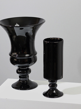 中古大口高级玻璃花器手工黑色高脚玻璃杯大花瓶设计师软装摆件