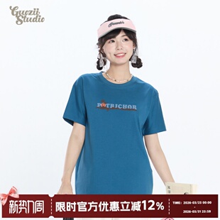 Guozii摩洛哥蓝度假风短袖 t恤女正肩显白小个子休闲简约圆领上衣