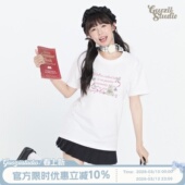 240g休闲情侣上衣 新款 甜酷风可爱猫咪正肩白色短袖 t恤女重磅夏季