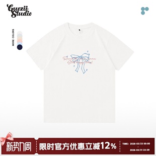 Guozii白色纯色基础款 t恤女蝴蝶结印花宽松显瘦纯棉体恤 正肩短袖